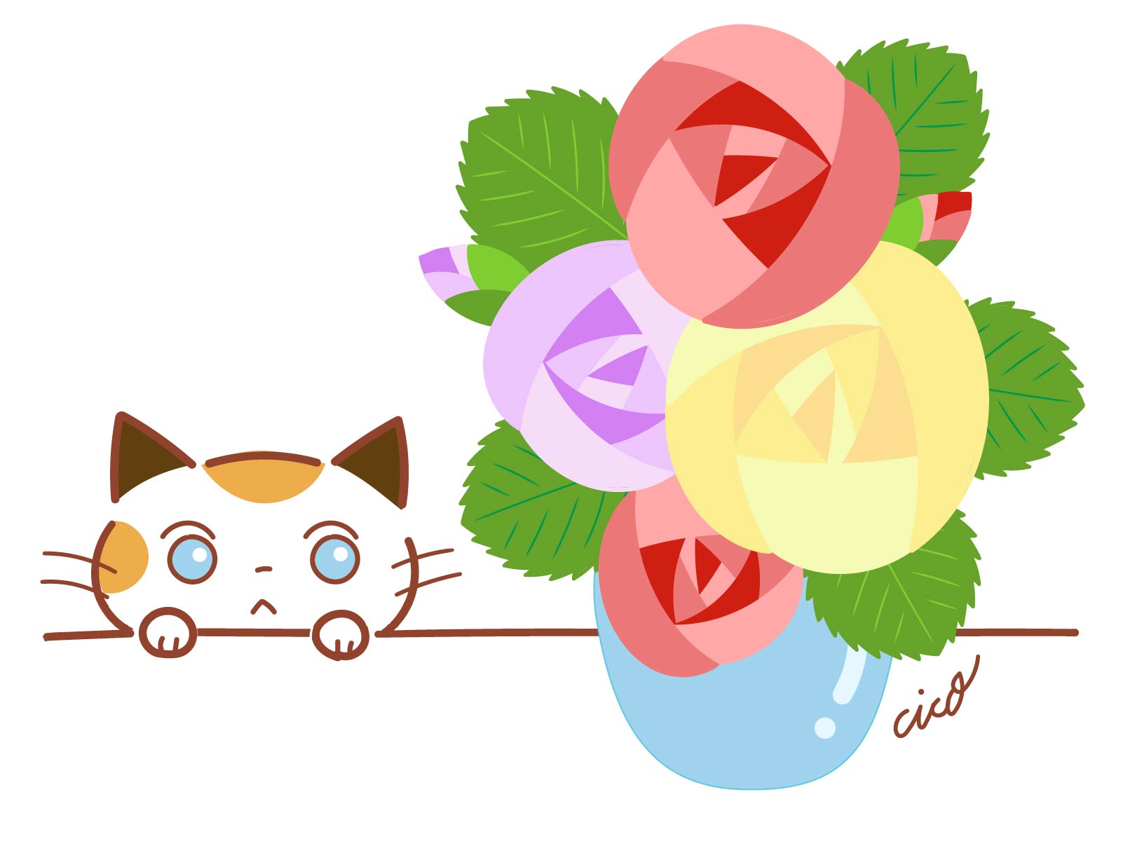 イラスト猫とバラの花